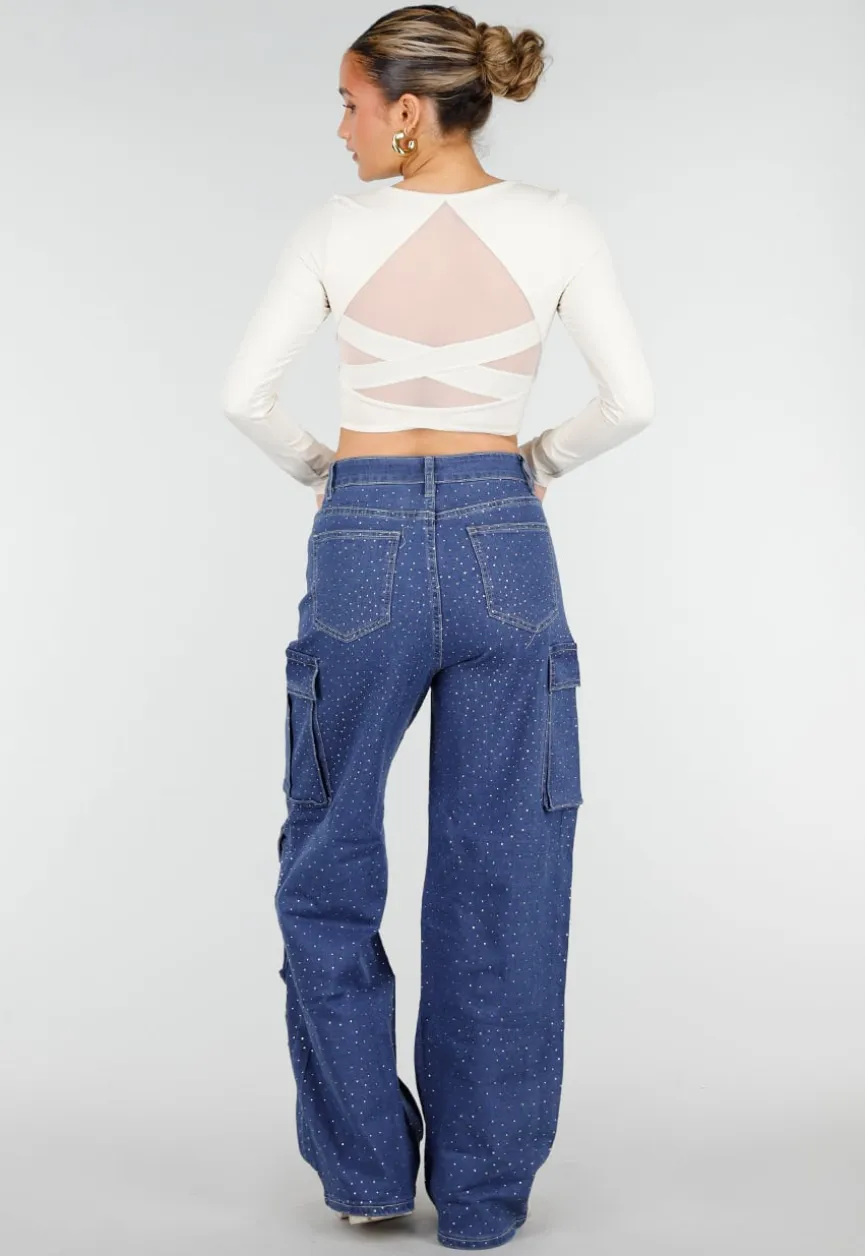 Blauwe Denim Cargo Jeans met Strass Steentjes en Wide Leg Pasvorm