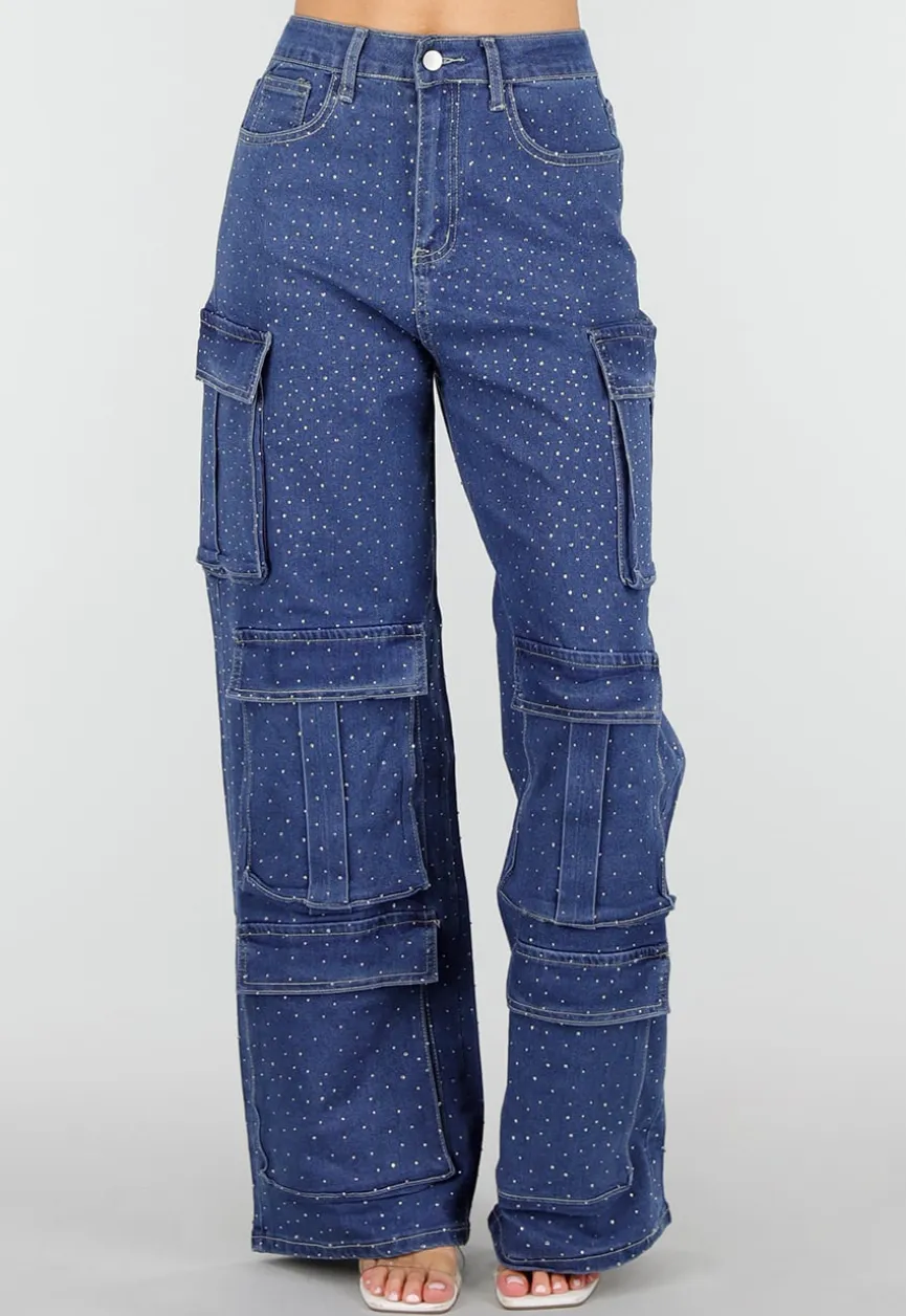 Blauwe Denim Cargo Jeans met Strass Steentjes en Wide Leg Pasvorm