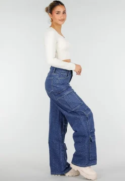 Blauwe Denim Cargo Jeans met Strass Steentjes en Wide Leg Pasvorm