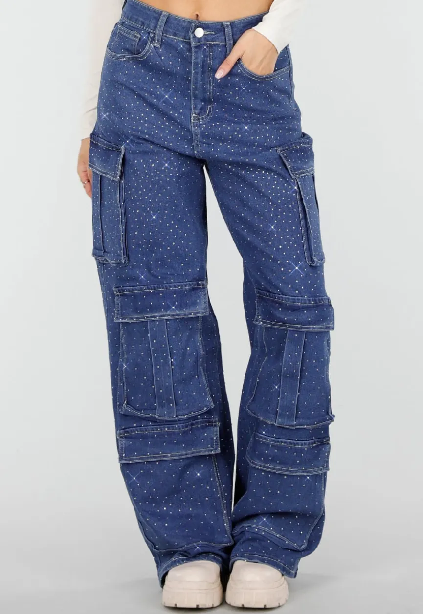 Blauwe Denim Cargo Jeans met Strass Steentjes en Wide Leg Pasvorm