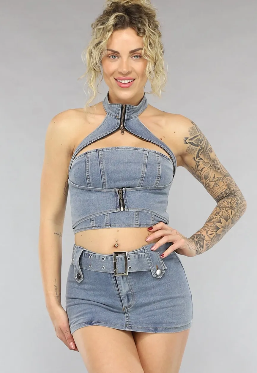 Blauwe Denim Co Ord Set met Riem