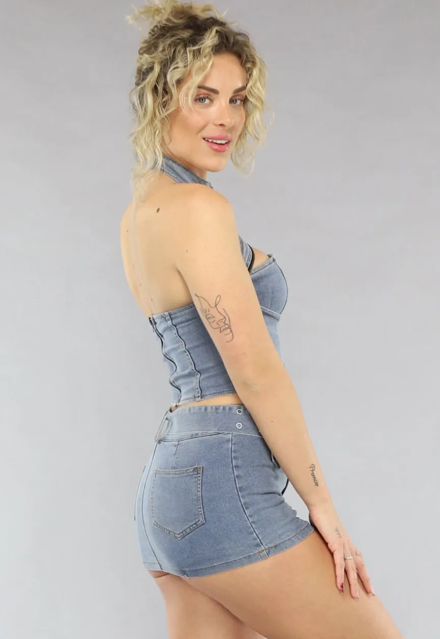 Blauwe Denim Co Ord Set met Riem