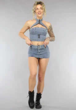 Blauwe Denim Co Ord Set met Riem