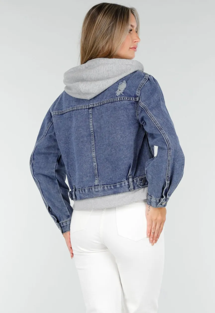 Blauwe Denim Jas met Grijze Capuchon en Zakken met Rits