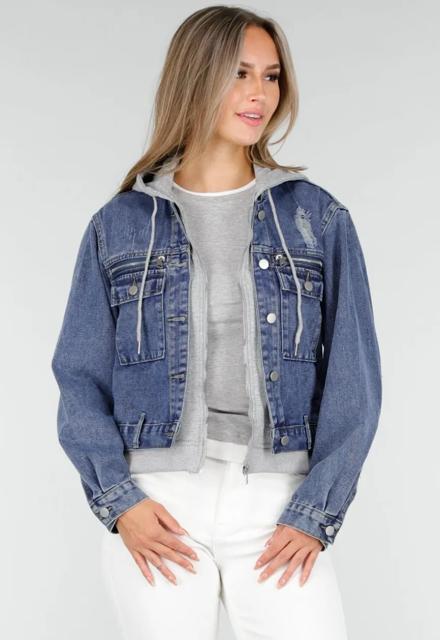 Blauwe Denim Jas met Grijze Capuchon en Zakken met Rits