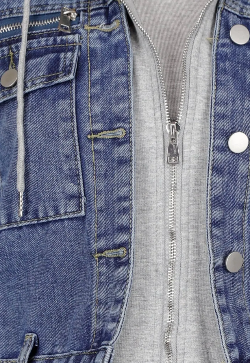 Blauwe Denim Jas met Grijze Capuchon en Zakken met Rits