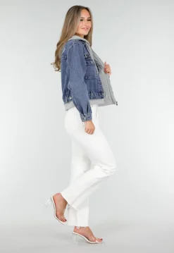 Blauwe Denim Jas met Grijze Capuchon en Zakken met Rits