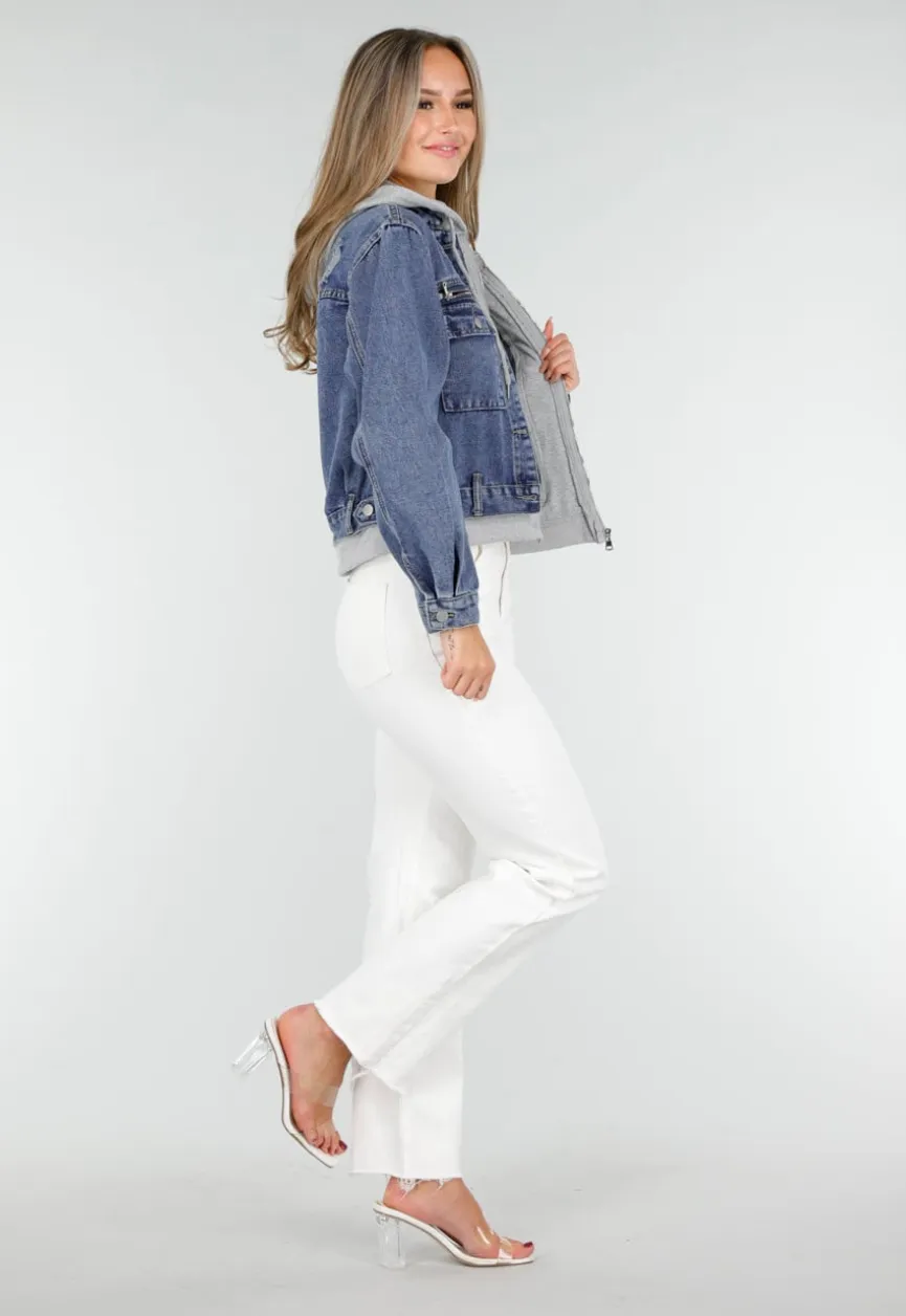 Blauwe Denim Jas met Grijze Capuchon en Zakken met Rits