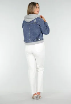 Blauwe Denim Jas met Grijze Capuchon en Zakken met Rits
