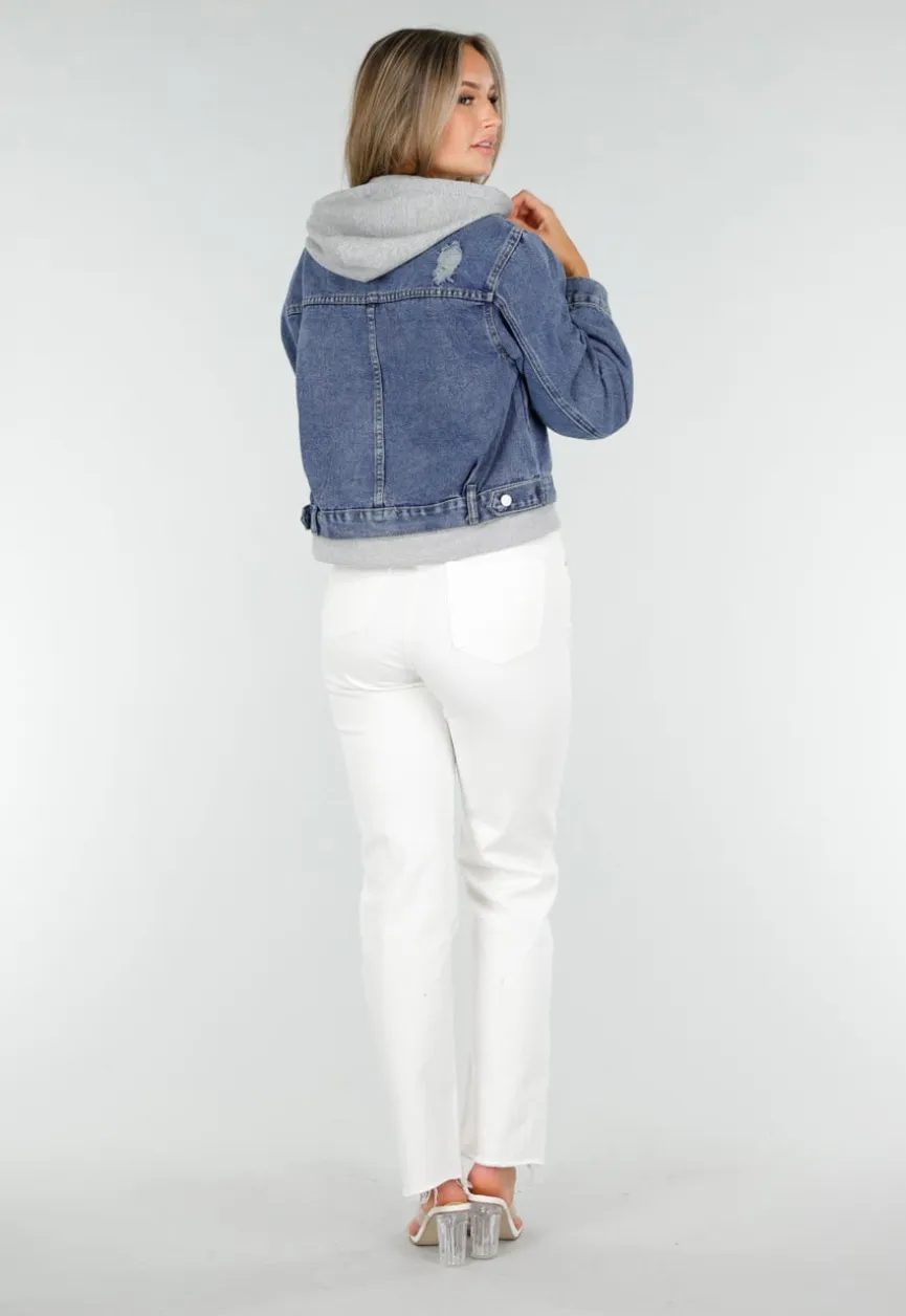 Blauwe Denim Jas met Grijze Capuchon en Zakken met Rits