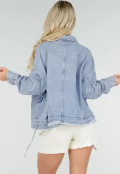 Blauwe Denim Jas met Klepzakken, Trekkoord en Knoopsluiting