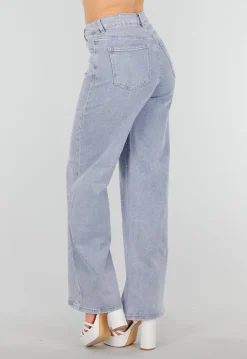 Blauwe Denim Jeans met Strass, High Waist en Rechte Stretch Fit