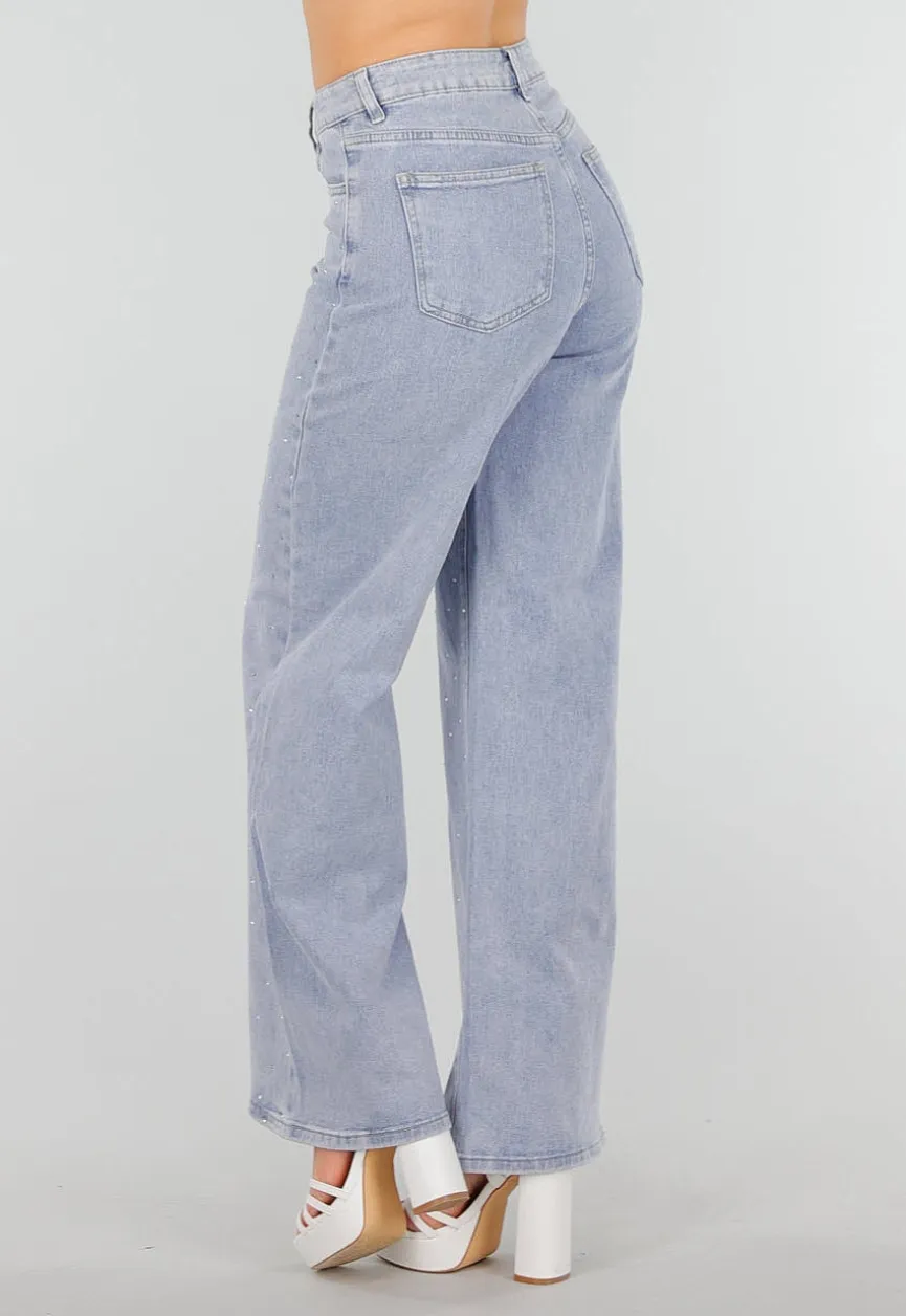 Blauwe Denim Jeans met Strass, High Waist en Rechte Stretch Fit