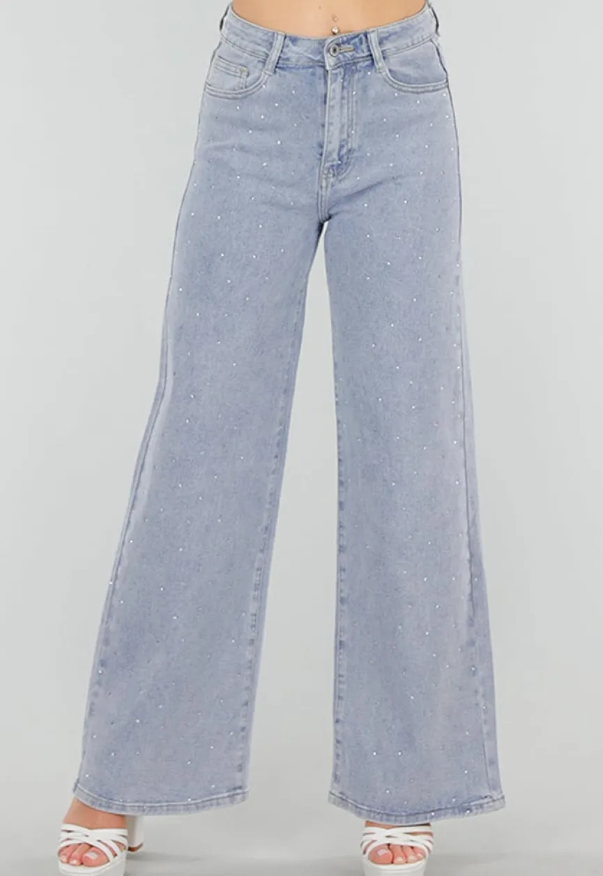 Blauwe Denim Jeans met Strass, High Waist en Rechte Stretch Fit
