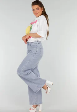 Blauwe Denim Jeans met Strass, High Waist en Rechte Stretch Fit