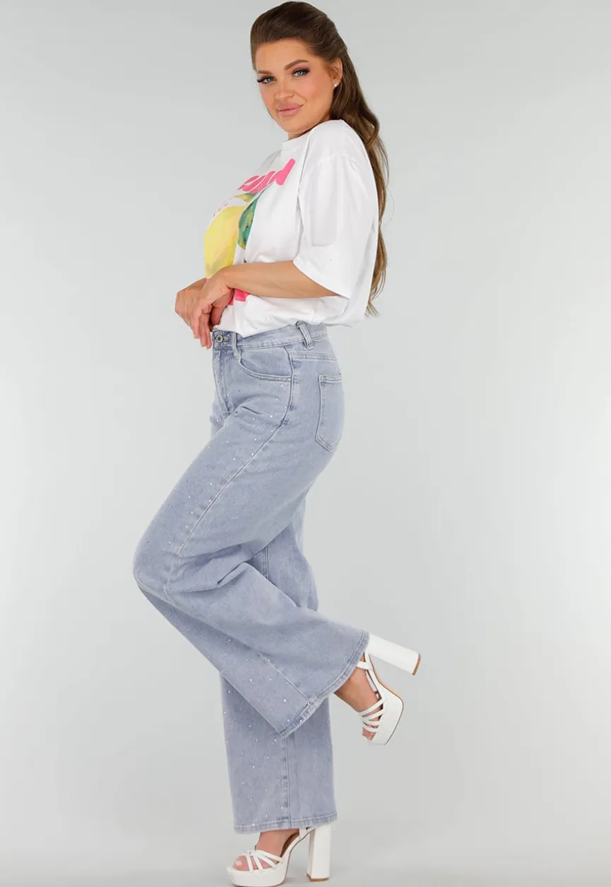Blauwe Denim Jeans met Strass, High Waist en Rechte Stretch Fit