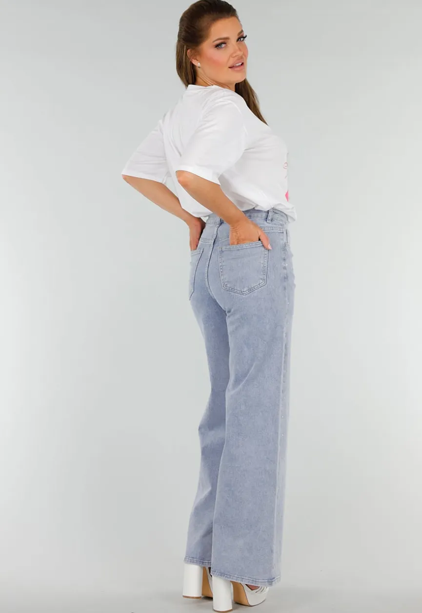 Blauwe Denim Jeans met Strass, High Waist en Rechte Stretch Fit