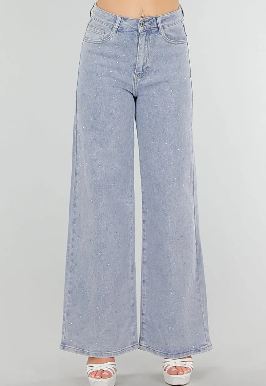 Blauwe Denim Jeans met Strass, High Waist en Rechte Stretch Fit