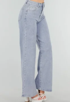 Blauwe Denim Jeans met Strass, High Waist en Rechte Stretch Fit