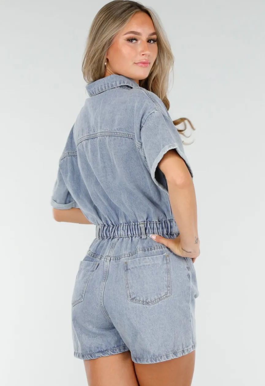 Blauwe Denim Playsuit met Stretch Taille