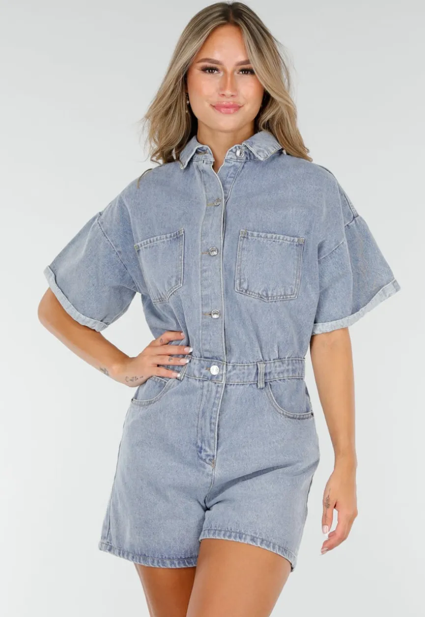 Blauwe Denim Playsuit met Stretch Taille