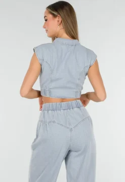 Blauwe Denim Set met Cropped Gilet en Broek