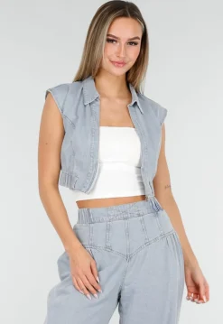 Blauwe Denim Set met Cropped Gilet en Broek