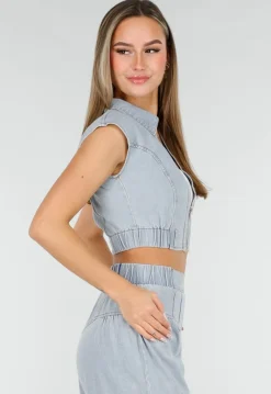 Blauwe Denim Set met Cropped Gilet en Broek