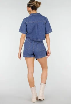 Blauwe Denim Set met Cropped Top en Overslag Skort