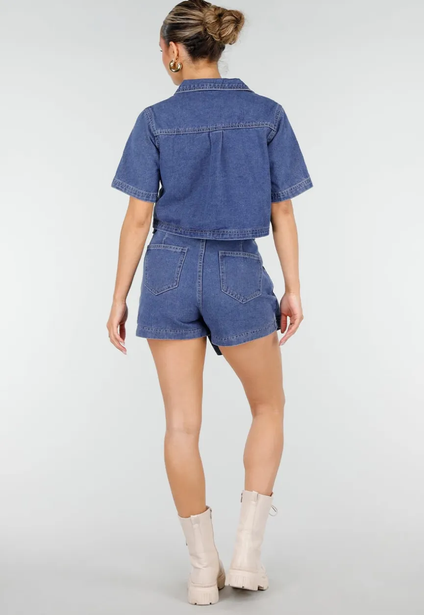 Blauwe Denim Set met Cropped Top en Overslag Skort