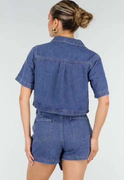 Blauwe Denim Set met Cropped Top en Overslag Skort