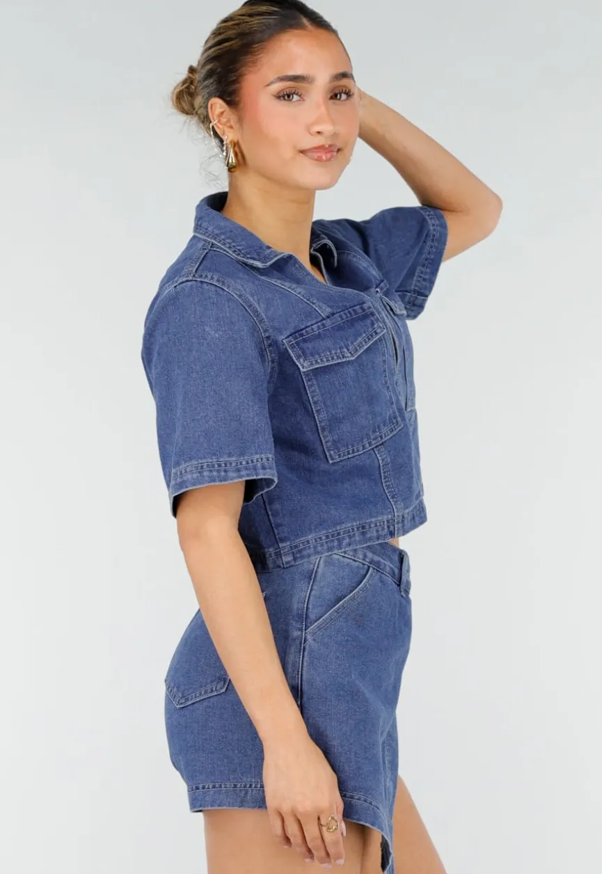 Blauwe Denim Set met Cropped Top en Overslag Skort