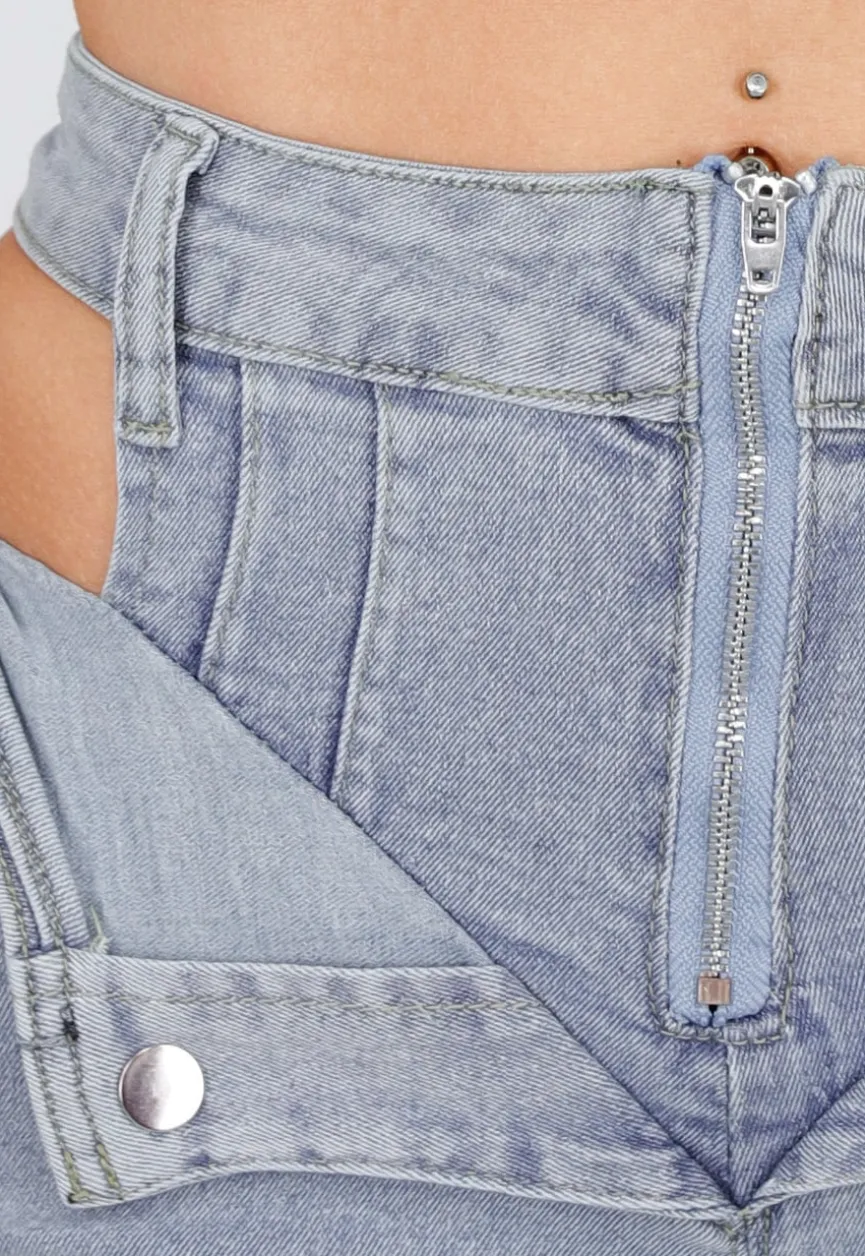 Blauwe Denim Set met Cut-Out Bustier en High Waist Short