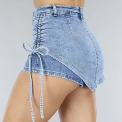 Blauwe Denim Skort met Overslag en Veterdetails