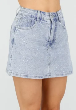 Blauwe Denim Skort met Strass Details en Rechte Pasvorm