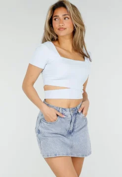 Blauwe Denim Skort met Strass Details en Rechte Pasvorm