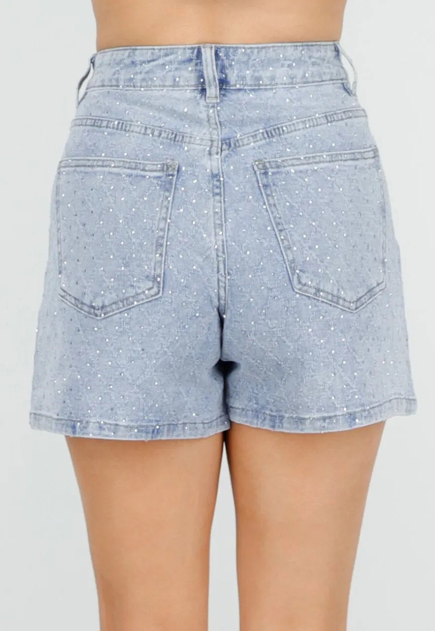 Blauwe Denim Skort met Strass Details en Rechte Pasvorm