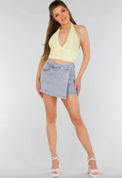 Blauwe Denim Skort met Strass, Stretch en High Waist Sluiting