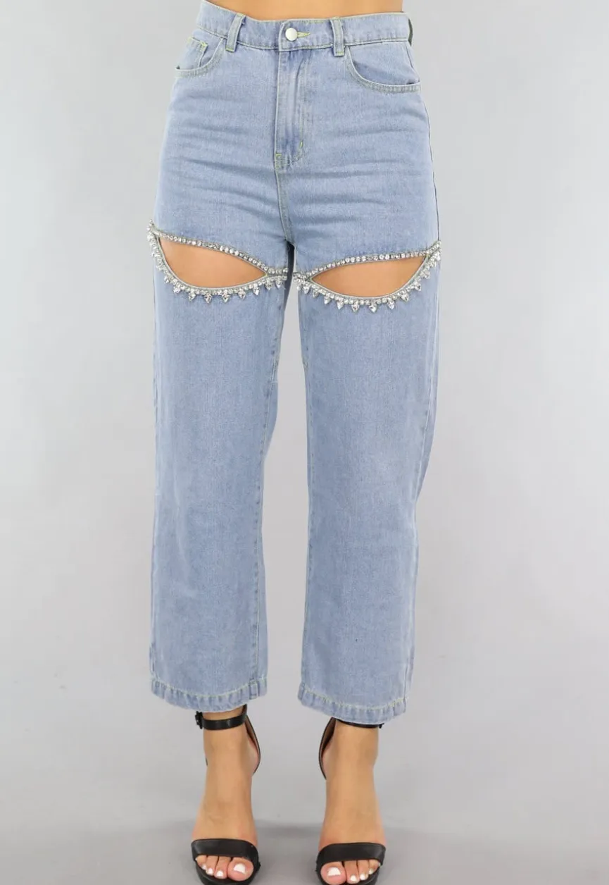 Blauwe Denim Straight Leg Jeans met Strass Steentjes