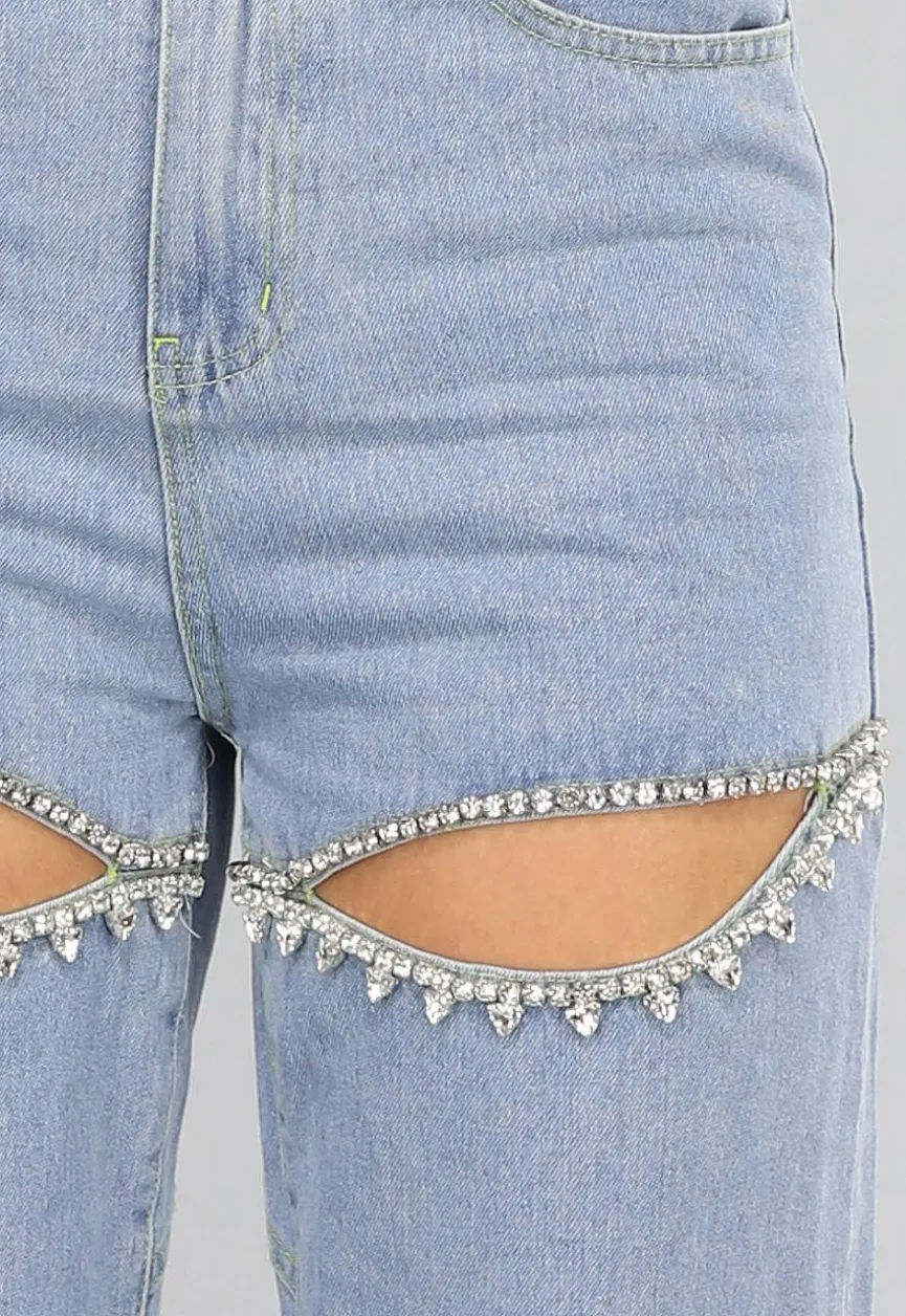 Blauwe Denim Straight Leg Jeans met Strass Steentjes