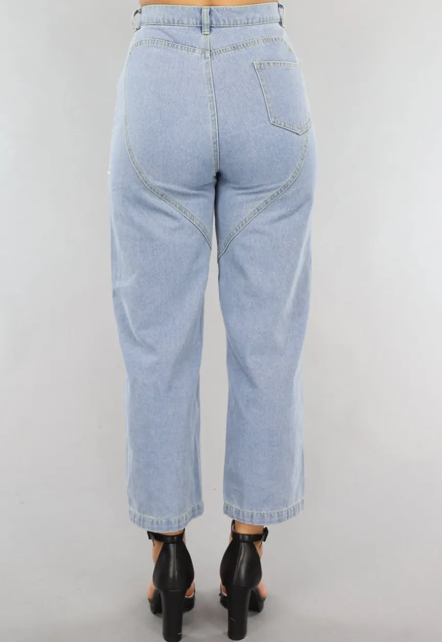 Blauwe Denim Straight Leg Jeans met Strass Steentjes