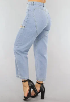 Blauwe Denim Straight Leg Jeans met Strass Steentjes