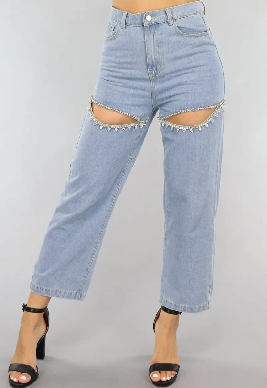 Blauwe Denim Straight Leg Jeans met Strass Steentjes