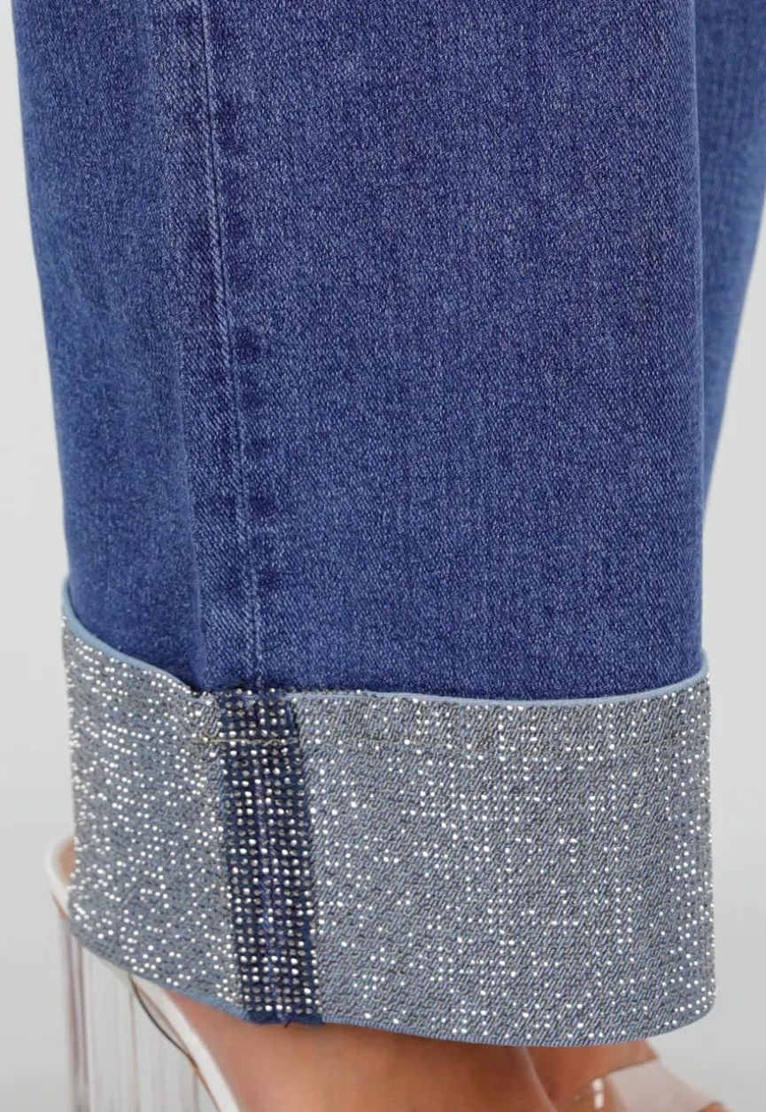 Blauwe Denim Straight Leg Jeans met Glitter Omslag