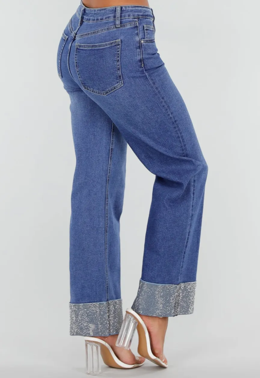 Blauwe Denim Straight Leg Jeans met Glitter Omslag