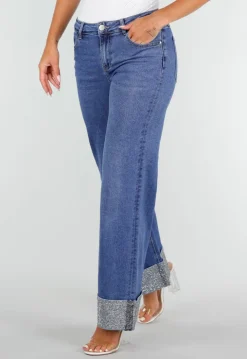 Blauwe Denim Straight Leg Jeans met Glitter Omslag