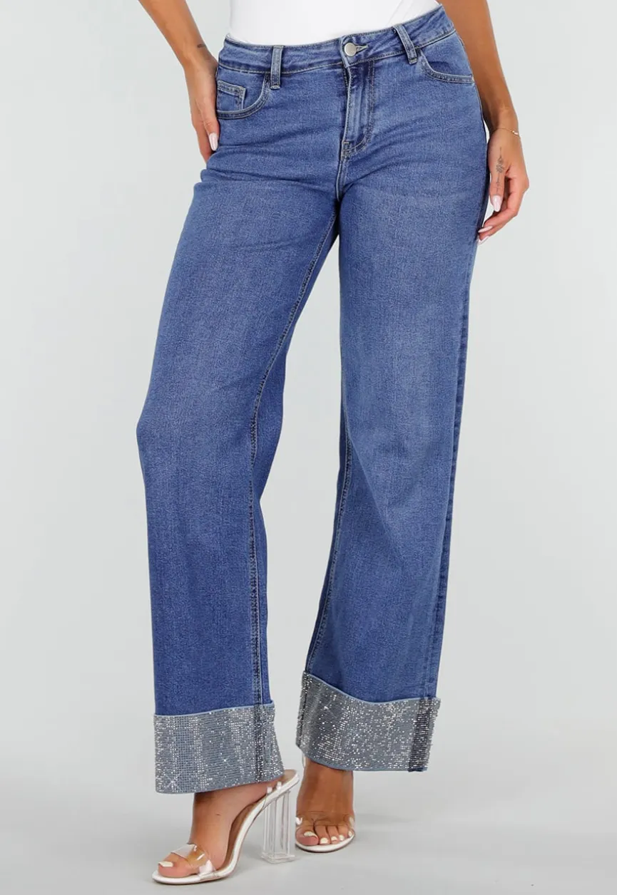 Blauwe Denim Straight Leg Jeans met Glitter Omslag