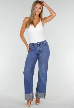 Blauwe Denim Straight Leg Jeans met Glitter Omslag