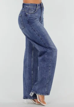 Blauwe Denim Straight Leg Jeans met Hoge Taille en Rechte Pijpen