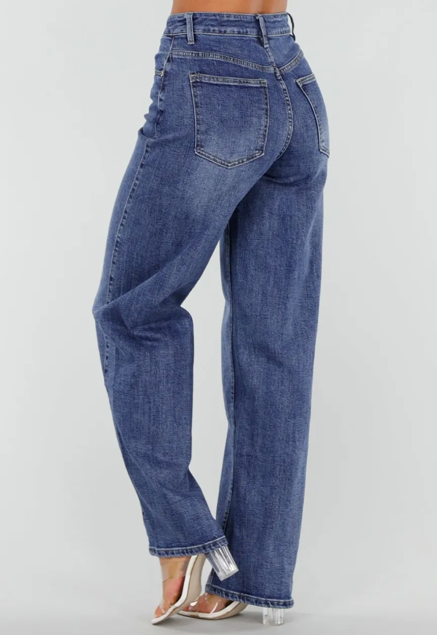 Blauwe Denim Straight Leg Jeans met Hoge Taille en Rechte Pijpen